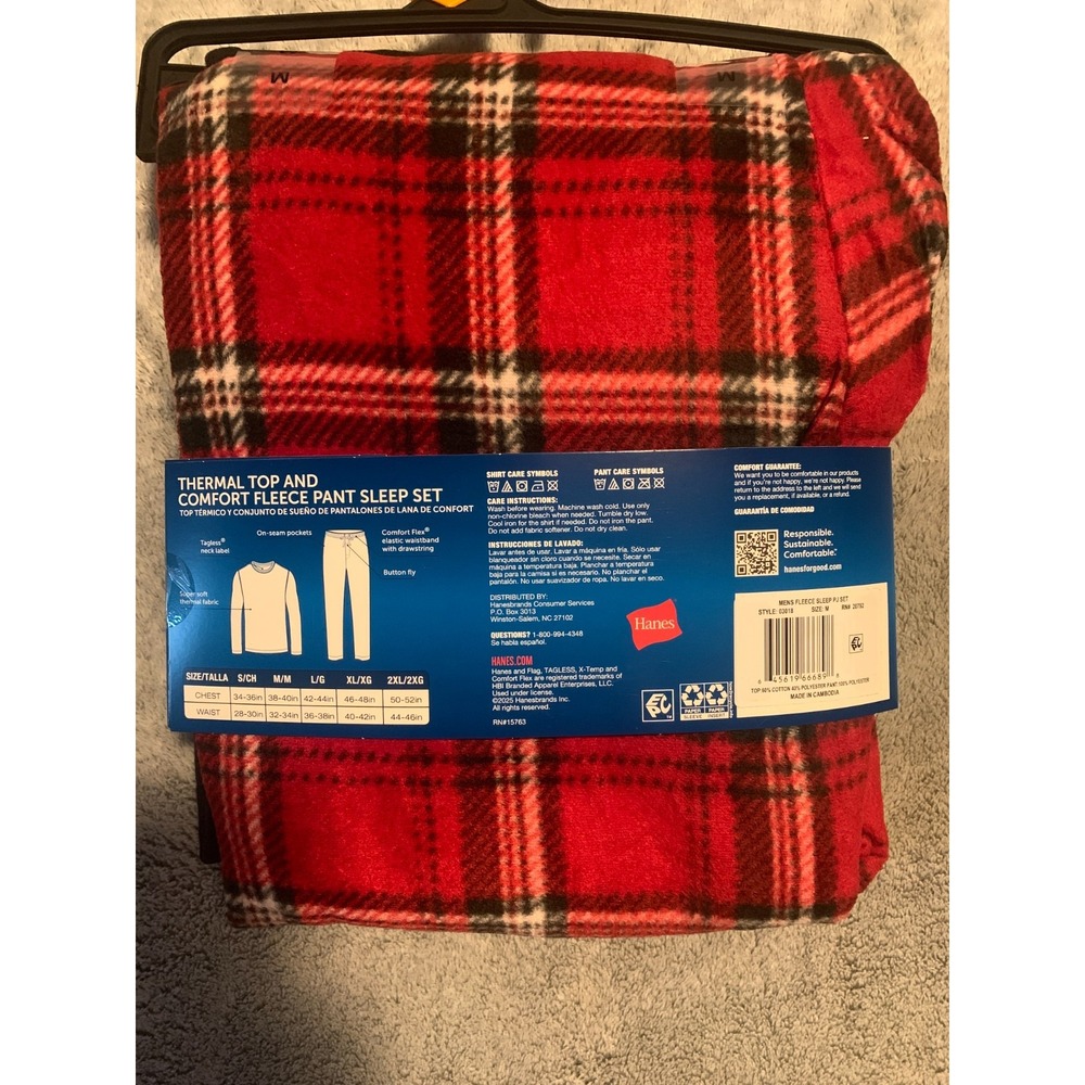 Hanes Mens M X-Temp Thermal Top Red Plaid Fleece Pants 2 Piece Sleep Set 03018 - Picture 2 of 5